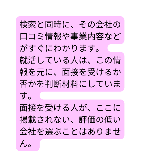 検索と同時に その会社の 口コミ情報や事業内容などがすぐにわかります 就活している人は この情報を元に 面接を受けるか否かを判断材料にしています 面接を受ける人が ここに掲載されない 評価の低い会社を選ぶことはありません